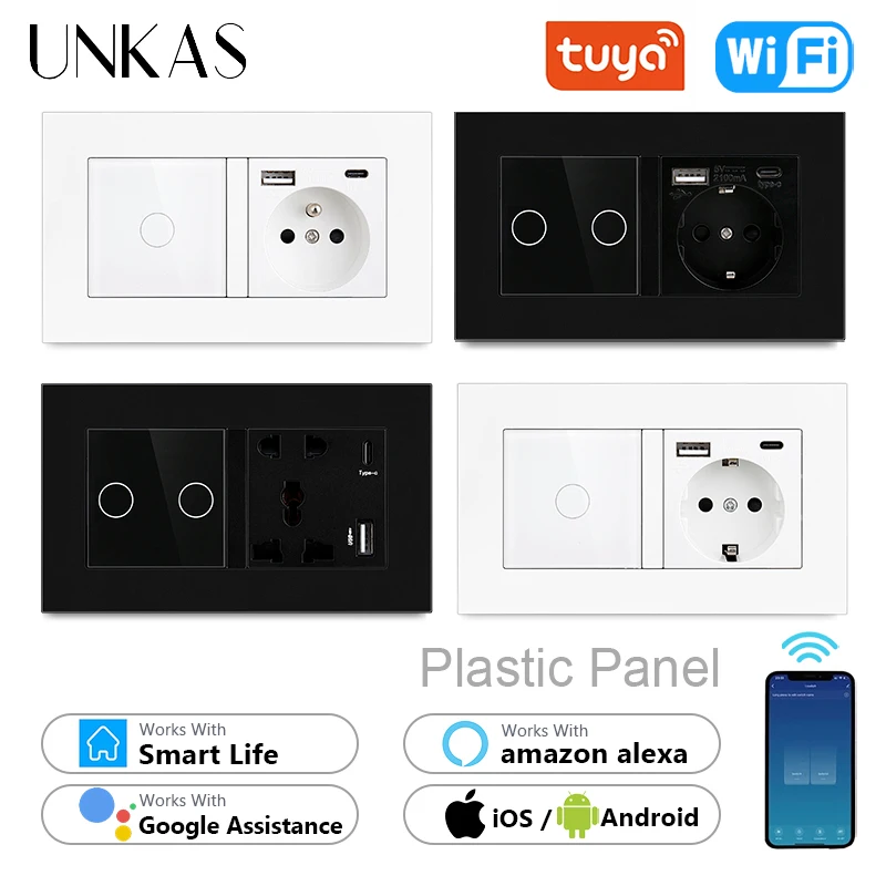 

UNKAS Plastic Panel Touch On / Off Glass WiFi Single Live Line Light Switch EU Socket Type-C Port White Black PC Outlet