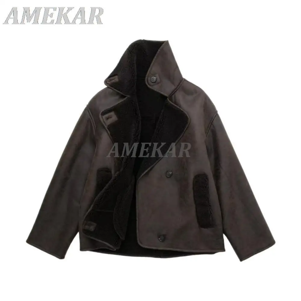 2023 Women's Winter Vintage Lambswool Lapel Jacket Faux Leather Thick Warm Asymmetry Coats Ladies Biker Outwear Casual Top Mujer