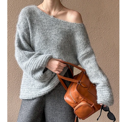 2024, женский мягкий вязаный свитер, сексуальный большой пуловер с круглым вырезом и рукавами-фонариками, одежда, топы для женщин, свитер Pull Femme