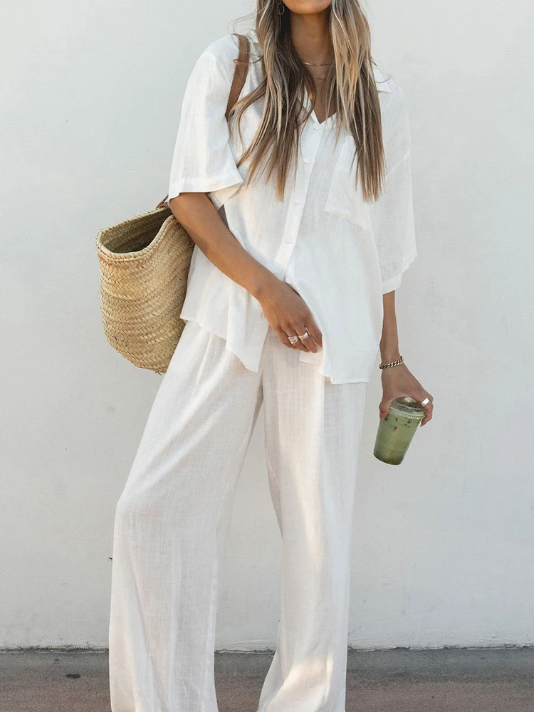 

Linad Loose Women's Home Clothes 2 Piece Sets White Short Sleeve Pajamas Casual Female Trouser Suits Solid Summer Sleepwear