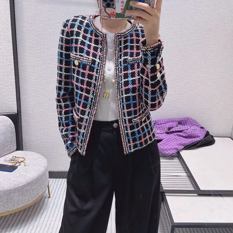 

High-end Plaid Jackets for Women Top Quality O-neck Long Sleeve Spring Autumn Coats 2022 Vintage Casual Tweed Coats Jackets