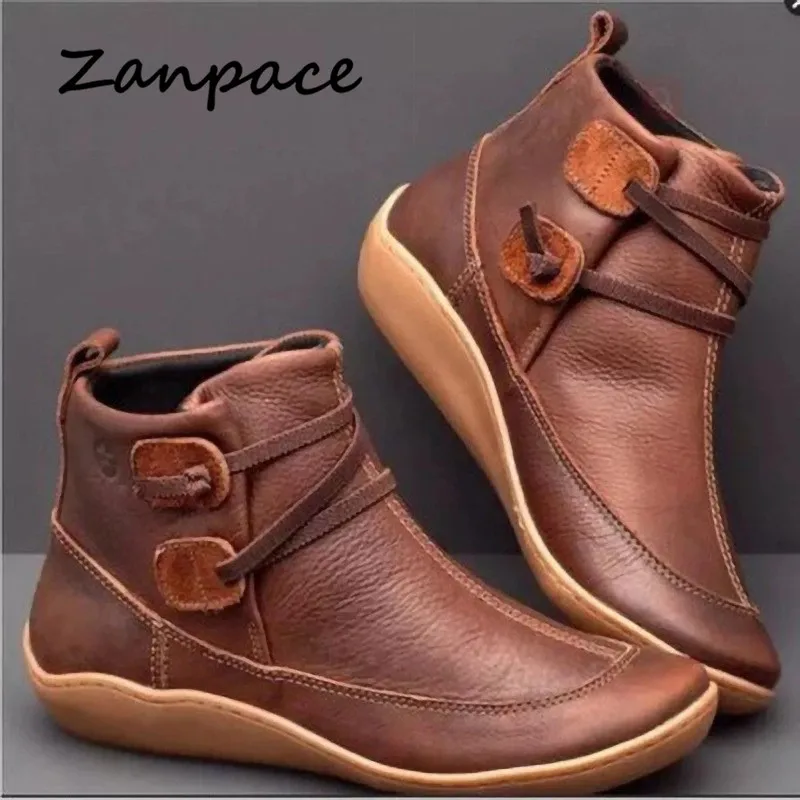 Autumn Casual Booties Women 2019 Large Size 43 Leather Ankle Boots for Women Round Toe Women's Shoes Flat with Zapatos De Mujer