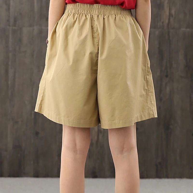 Casual Summer Womans Shorts High Waisted Elastic Band Female COTTON Shorts with Big Pockets Wide Leg Cargo Shorts Women Clothes