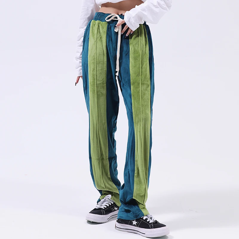 Drawstring Striped Color Match Velvet Casual Sweatpants Mens and Womens Straight Oversized Loose Vibe Style Fleece Trousers