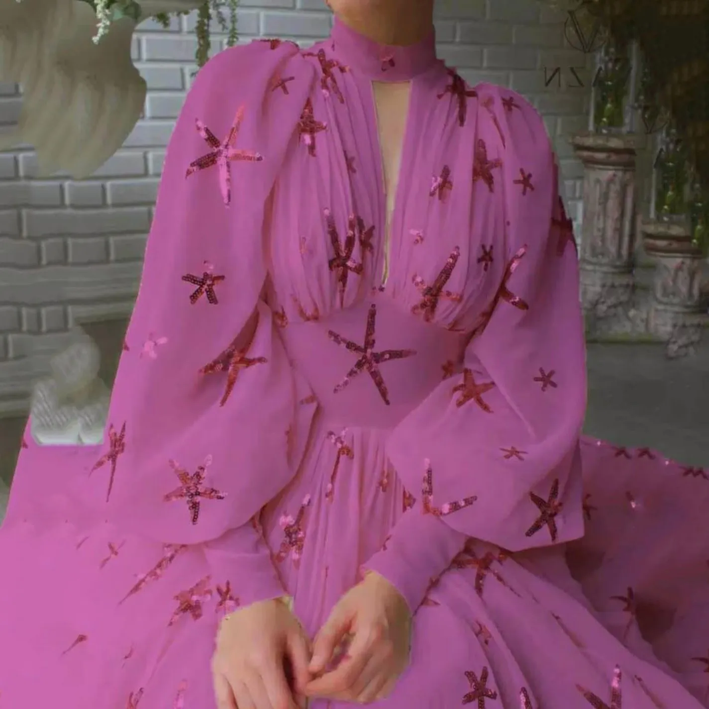 Women Print Chiffon Lantern Sleeve Party Dress 2023 New Long Stand Collar Corset Maxi Dress Female Elegant Formal Dresses