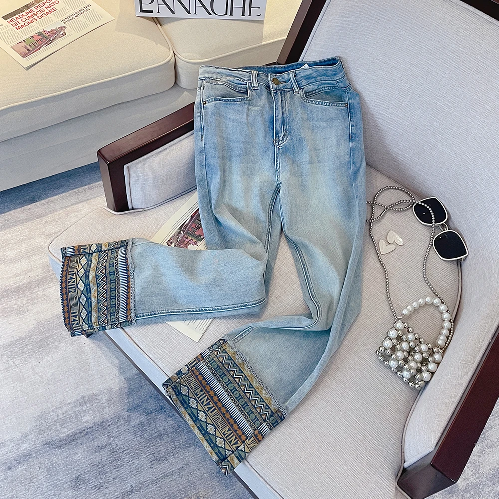 

Женские синие джинсы в этническом стиле, летние простые прямые джинсовые брюки в стиле ретро