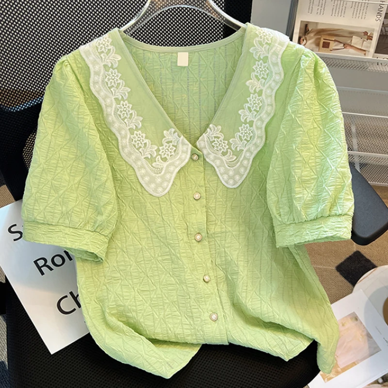 

Vintage Embroidered Chiffon Blouse Women Summer Puff Sleeve White Shirt Elegant Peter Pan Collar Tops Sweet Female Shirts 25405