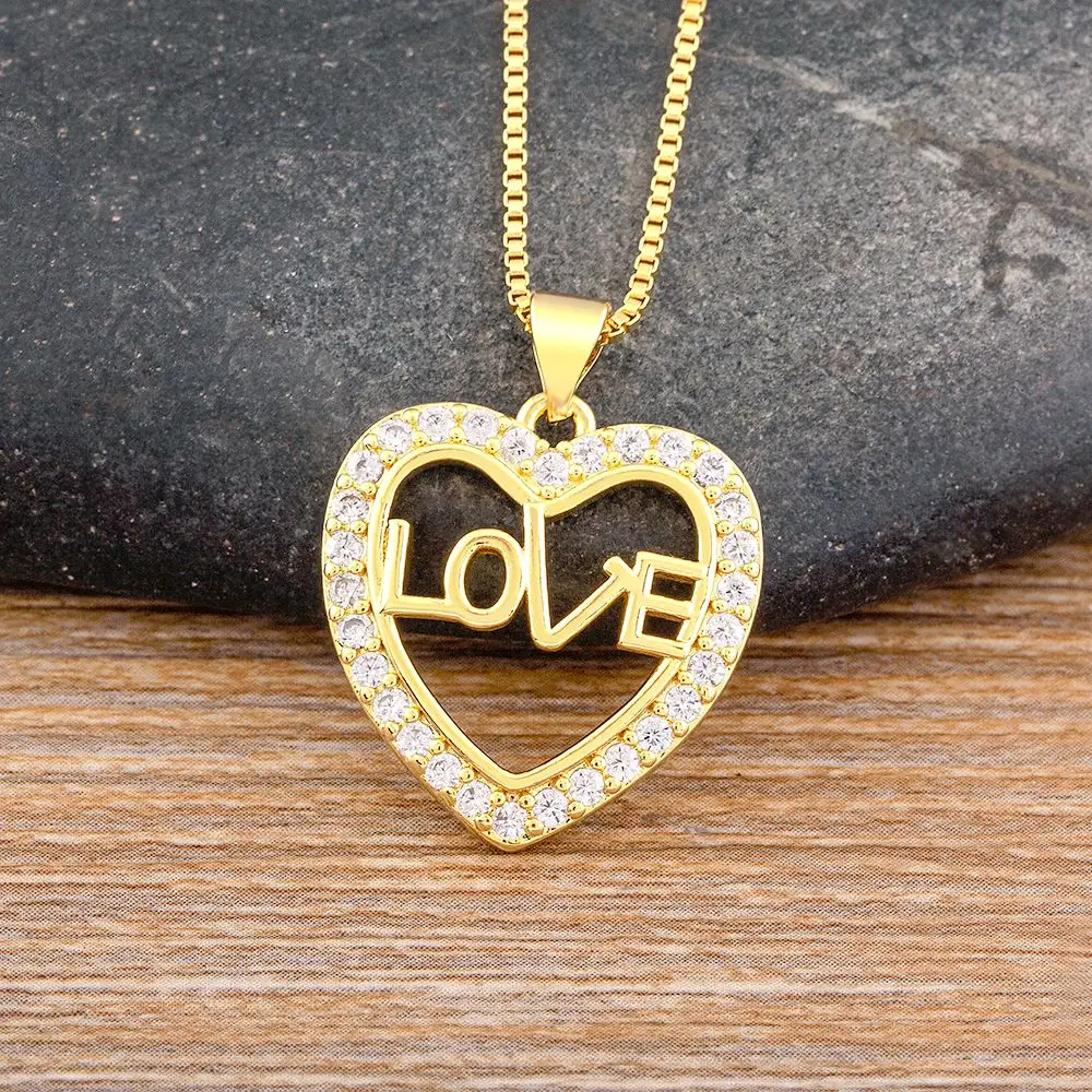 

Nidin Romantic Letters Love Pendant Ladies Heart Shaped Gold Plated AAA Zircon Long Chain Necklace Jewelry Wedding Lucky Gift