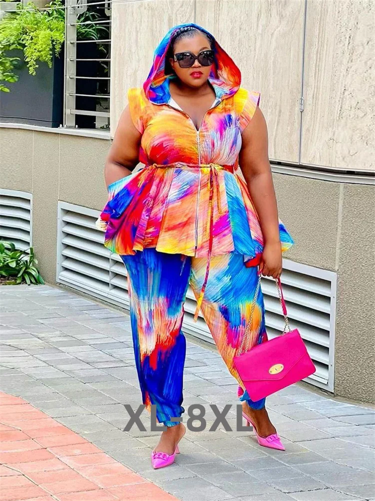 

Plus Size Women Clothing Two Piece Set Hoodies Tie Dye Casual Loose Top and Pants Matching Suit Wholesale 3xl 4xl 5xl 6xl