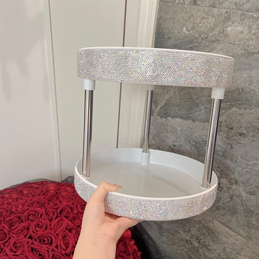

Двухуровневый Стразы для хранения ювелирных изделий, стойка, органайзер для косметики, вращающаяся полка, лоток для ухода за кожей для парфюмерных порошков