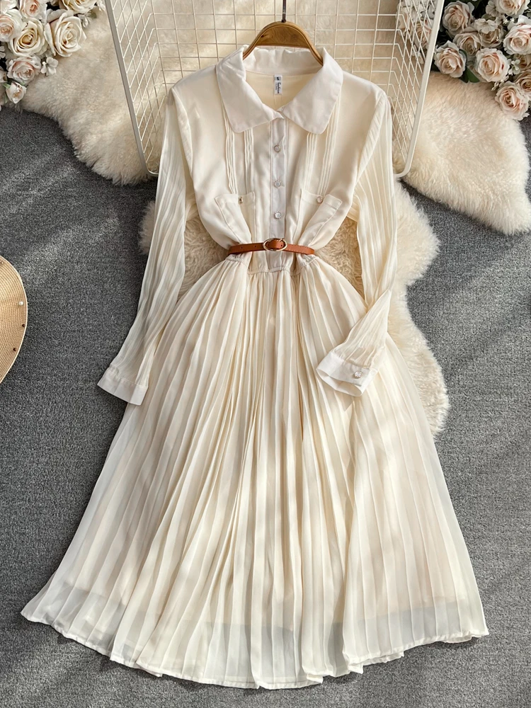 

Новинка, винтажное весенне-летнее однотонное тонкое женское платье FMFSSOM на пуговицах, трапециевидный шифоновый пуловер, женские платья до середины икры