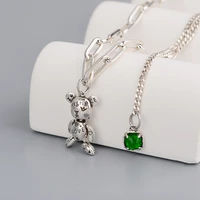 plate with 925 silver sweet bear sweater necklace for women ins fashion elegant green zircon pendant necklace bride jewelry gift