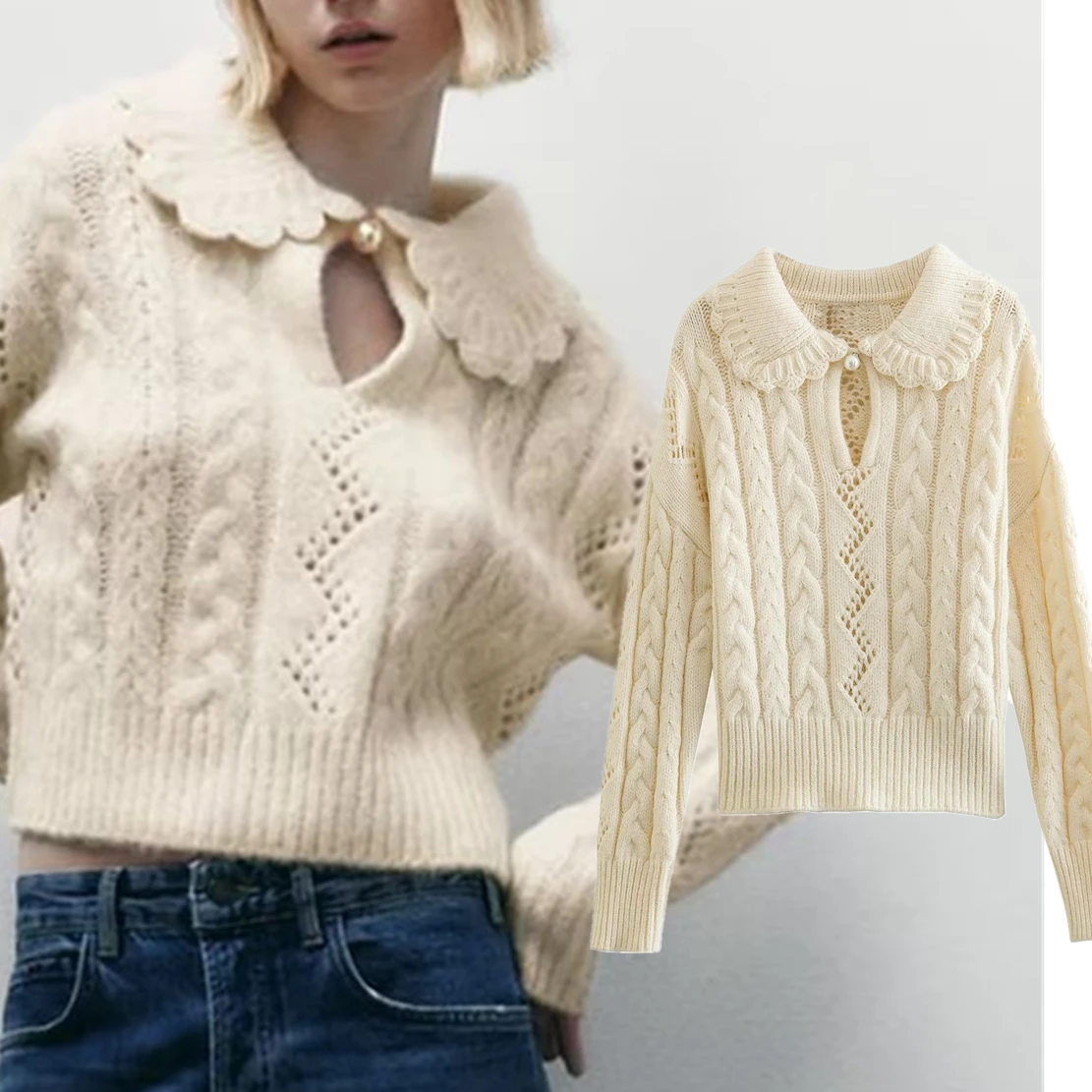 

Elmsk French Casual Sweaters Women Indie Folk Peter Pan Collar Pearls Buttons Jacquard Knitwear