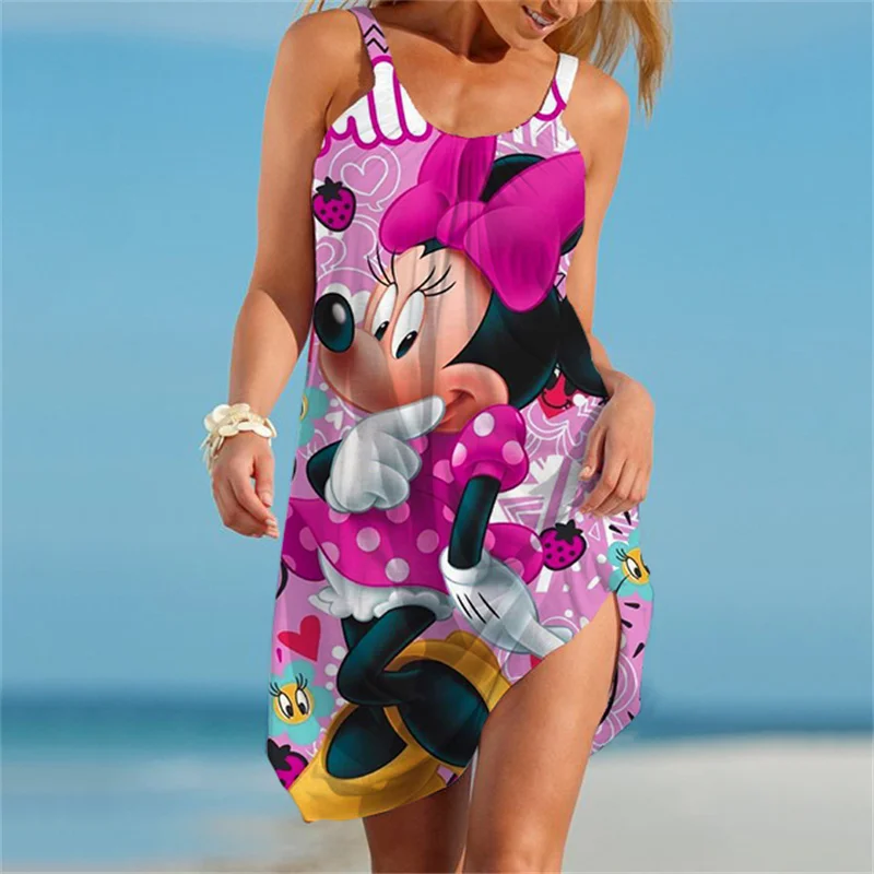 

Женское платье средней длины без рукавов, свободное летнее платье с 3D-принтом Минни Маус и цветными блоками, 2023