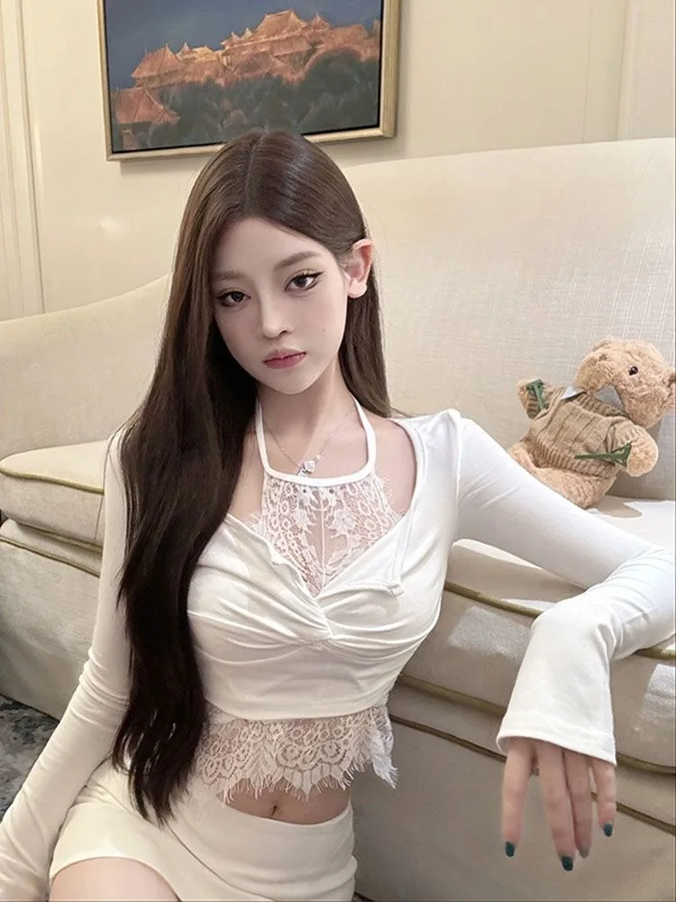 Сексуальный кружевной жилет женские топы + Y2k облегающие белые футболки с