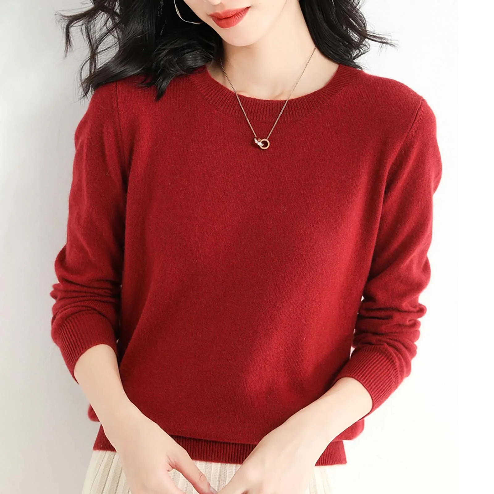 2024 женские однотонные кашемировые свитера с круглым воротником осень-зима