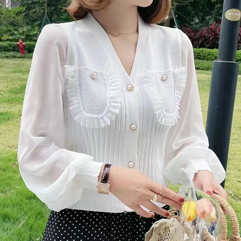 

V-Neck Fungus Summer Women'S Comfortable Chiffon Stitching Buttons Long-Sleeved Fashion Solid Color Knitted Cardigan Top