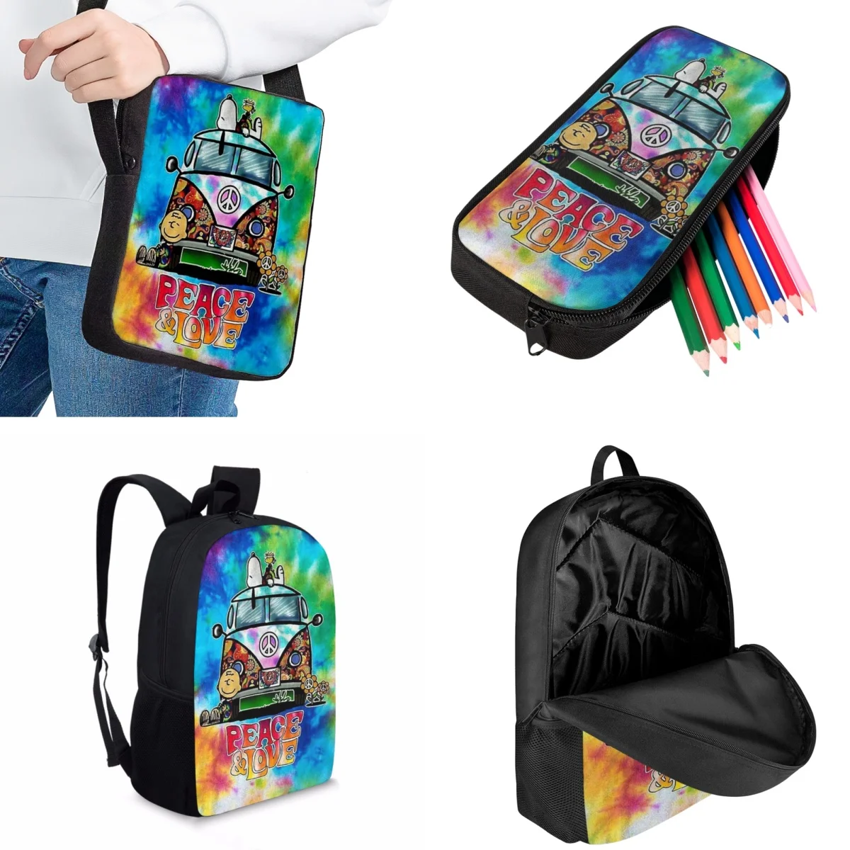 Jackherelook Cartoon Peace and Love Pattern Illustration Fashion Youth Schoolbag Set Leisure Backpack College Student Laptop Bag