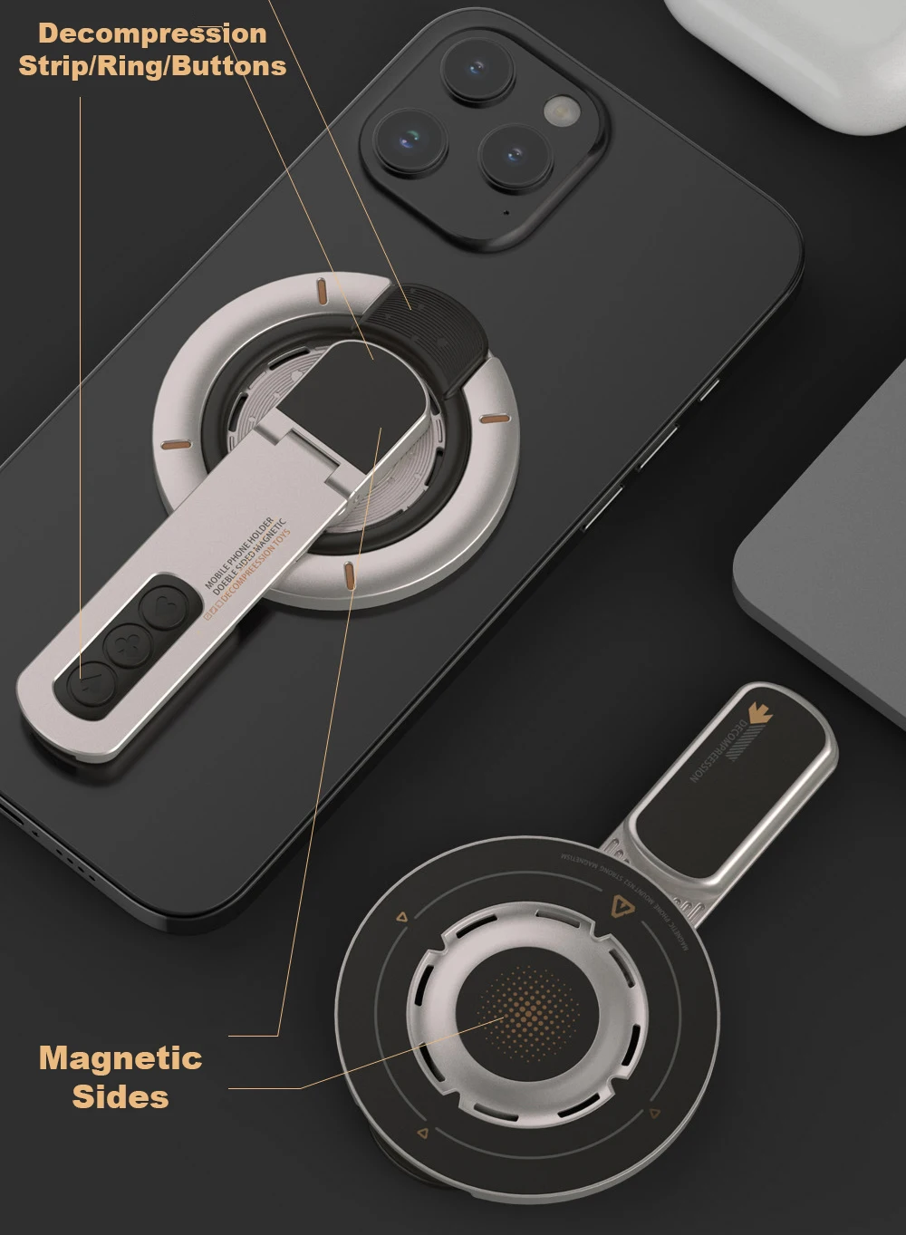 Фото Алюминиевый двусторонний магнитный держатель для телефона MagSafe Ring Stand для IPhone 12/13/14/15/16 Samsung, вращение на 360°, декомпрессия №2