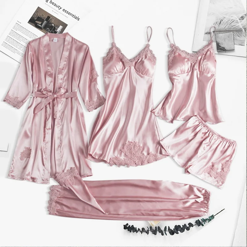 

5PC Silk Robe Sleep Suit Womens Lace Satin Pajamas Gown Set V-Neck Cami Nighties Wear Pijama Home Nightwear Spring Nightdress