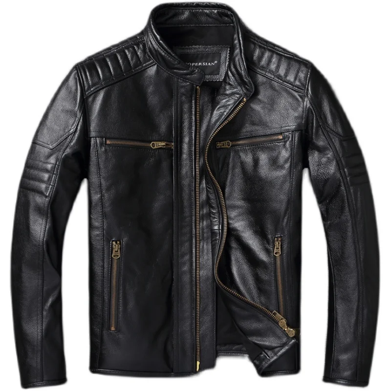 mens Free shipping.Brand cowhide new coat,black genuine jacket,slim cool biker leather cloth.Casaco para motociclos