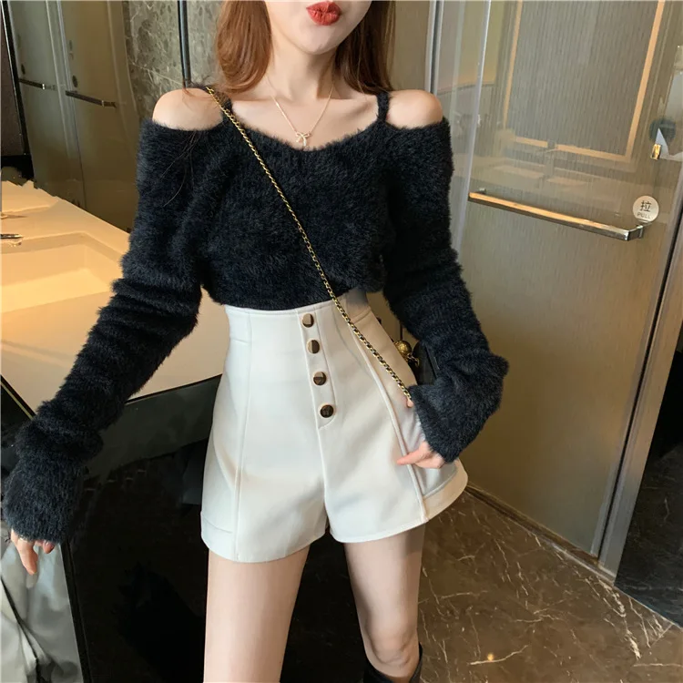Women's Wide Leg Pants Black Shorts High Waisted Single Breasted A-line Shorts Casual Pants Elegant Temperament Shorts For Women
