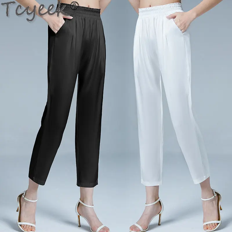 Tcyeek 2023 Summer Ankle-length Pants Women 95% Mulberry Silk Thin Trousers Womans Clothing Elegant Middle Waist White Pants LM