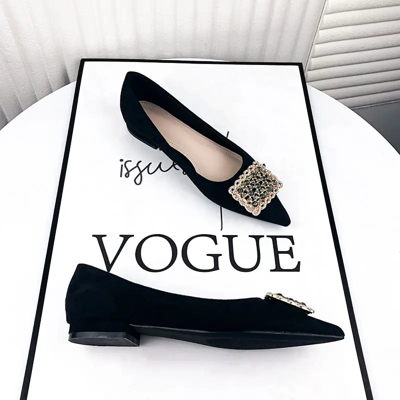 

Стразы Замшевые женские туфли на плоской подошве женская черная профессиональная обувь с острым носком дизайнерская рабочая обувь Стразы ...