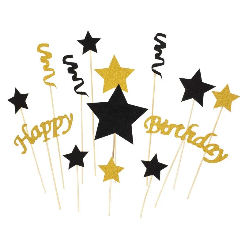 

13Pcs Gold Black Glitter Pentagram Happy Birthday Toppers Baby Shower Wedding Decor Party Cake Dessert Stars Decoration Supplies