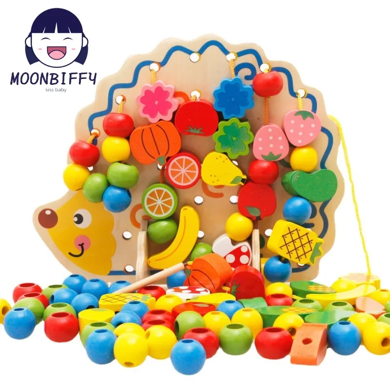 

Wooden Fruits Vegetables Lacing Stringing Beads Toys with Hedgehog Board Montessori Educational Toy Exercise Hands-on Ability