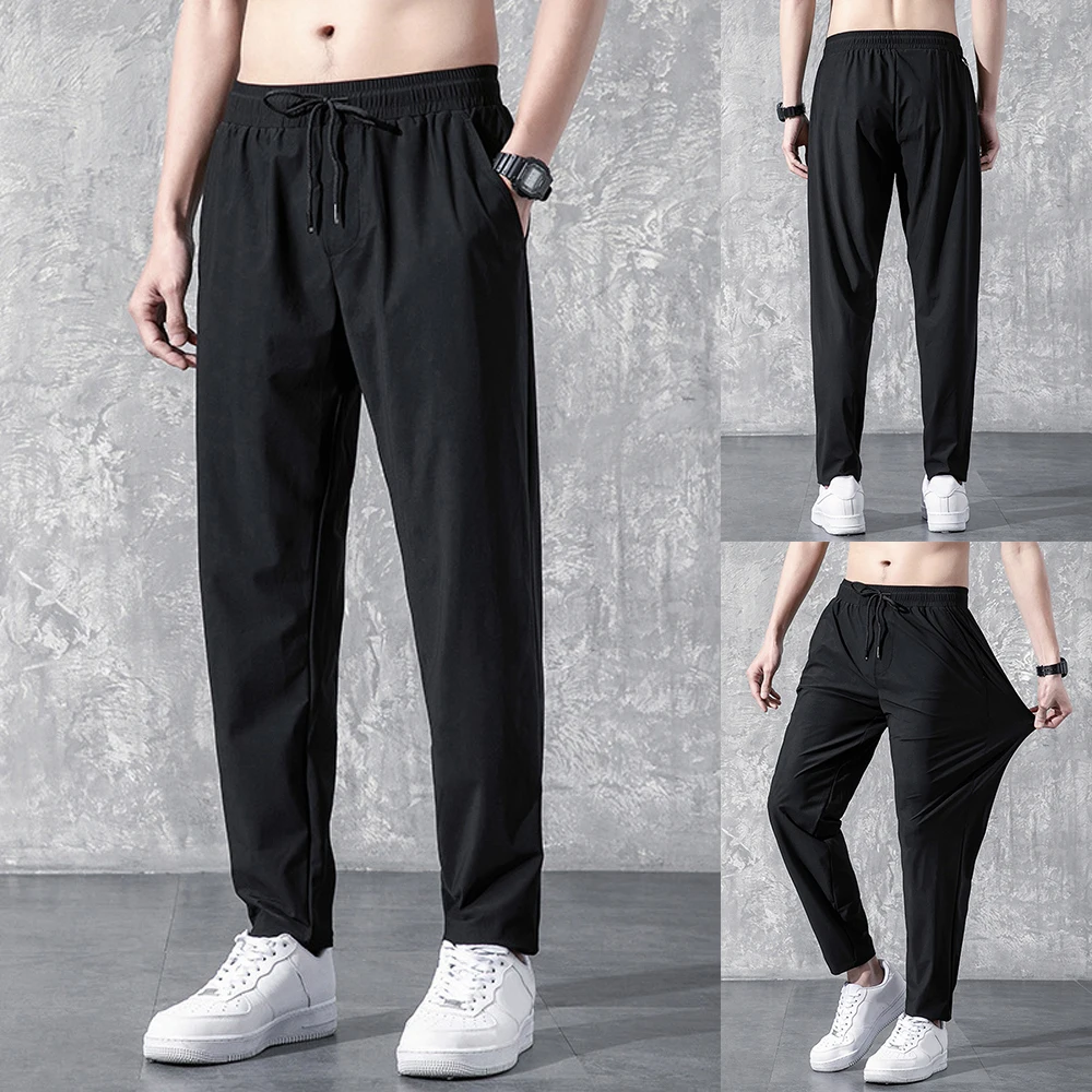 Men's Ice Silk Trousers Solid Mid-Waist Loose Breathable Straight-Leg Casual Pants 2022 Thin Quick-Drying Sports Pants