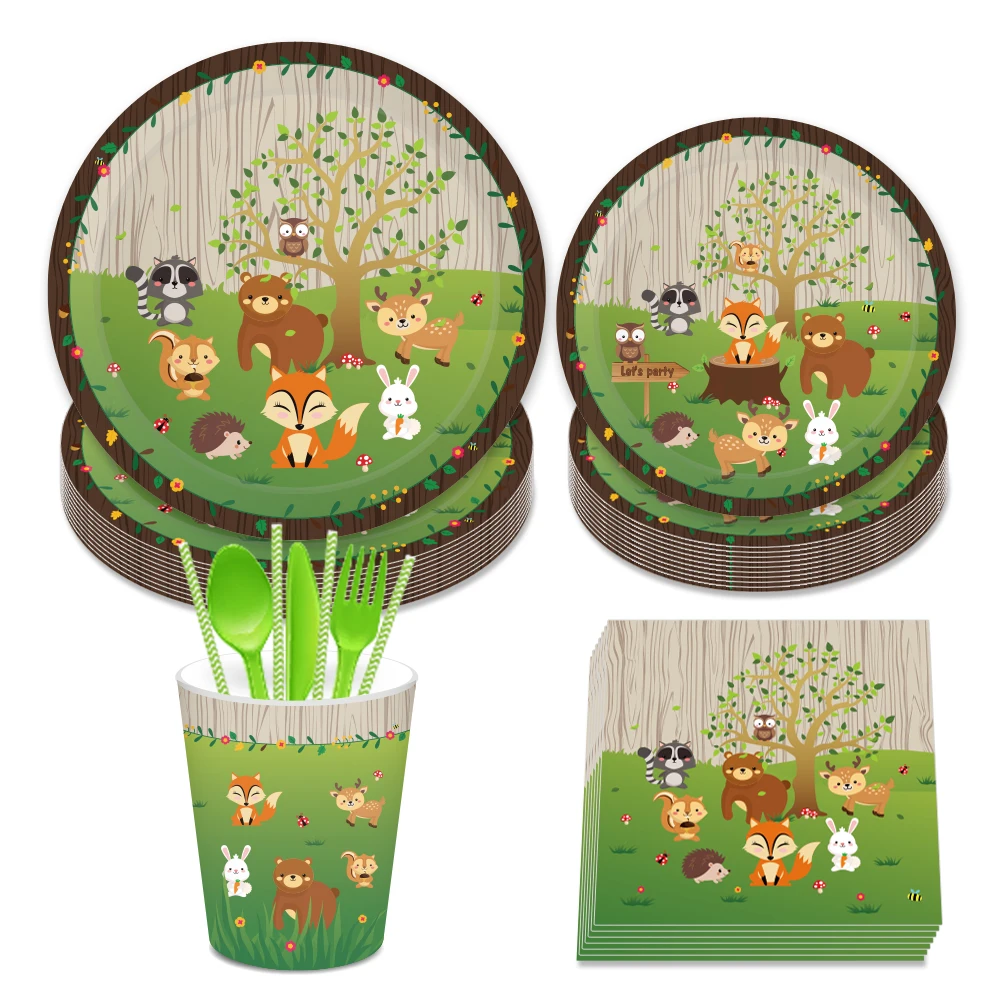 

Kid Cartoon Woodland Animals Wild ONE Birthday Party Disposable Tableware Sets Plates Napkins Cups Baby Shower Party Decorations