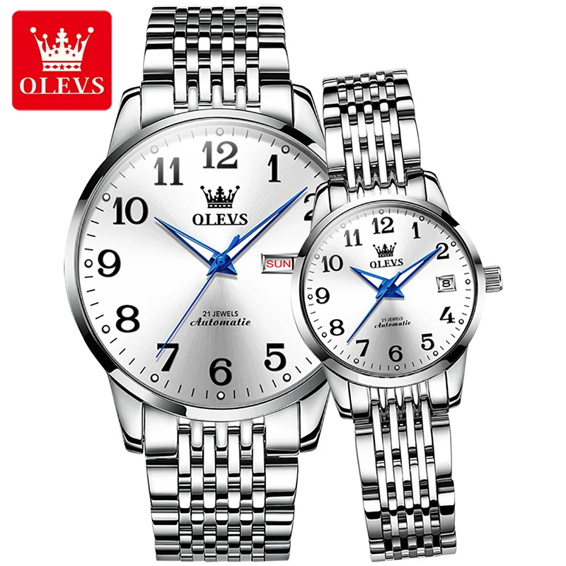 OLEVS 2022 New Waterproof Steel Band Mechanical Watches Casual Fashion Couple Watch Luminous Hand Week Calendar Display 6666