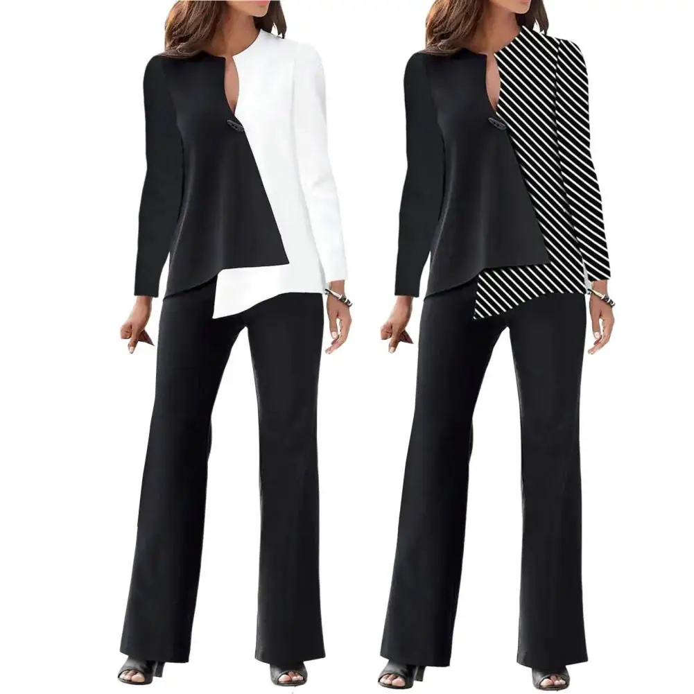 

2 Pcs/Set Women Shirt Pants Set V Neck Asymmetric Design Long Sleeves Color Matching Loose Dress-up Wide Leg OL Commute Lady Spr