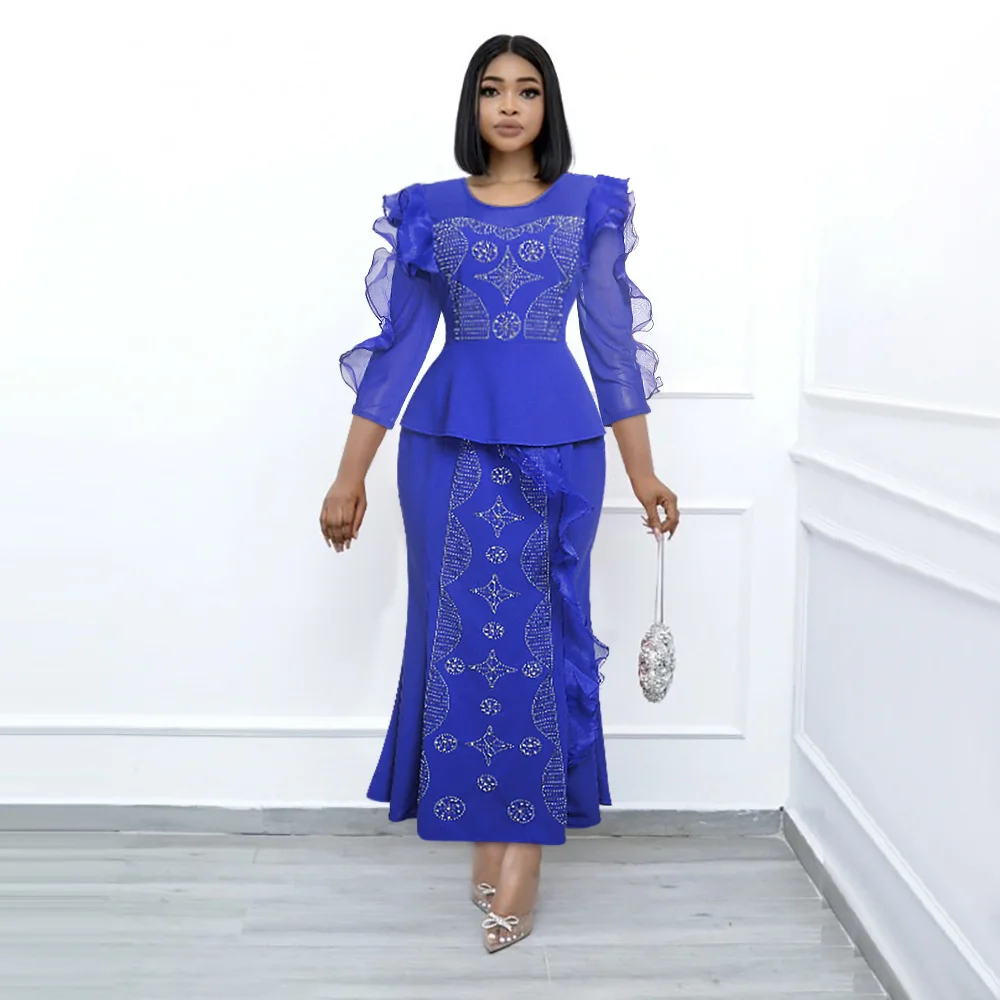 

Women's Clothes Tops + Skirts Lady Slim Fit Dress Two-piece Set 3/4 Sleeve Blouse Fishtail Maxi Long Skirt Sequin Ruffle Dresses