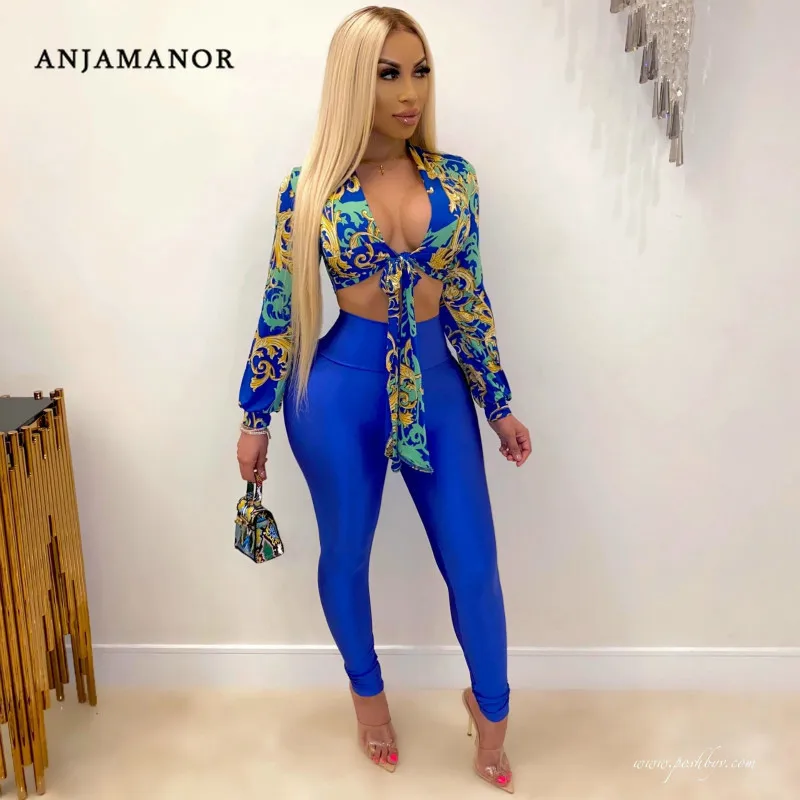

ANJAMANOR 2022 Fall Fashion Two Piece Sets Long Sleeve Crop Top High Waisted Pants Sexy Party Club Outfits D29-DC39