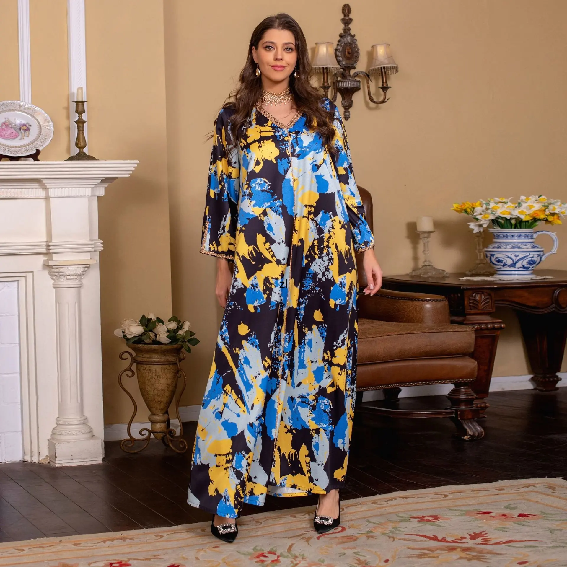 2023 Muslim Fashion Women Long Sleeve V-neck Polyester Printing Long Dress Abayas for Women Evening Dresses Muslim Dress Women