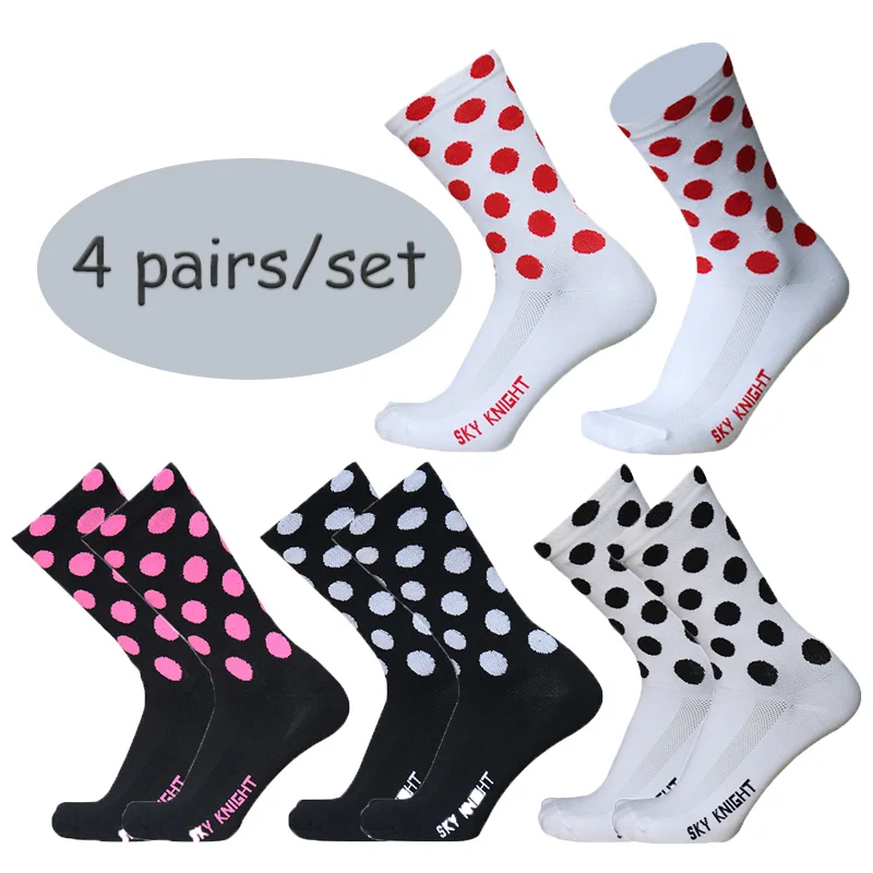 

4 Pairs/set Polka Dot Cycling Socks Men Woman Pro Competition Bike Running Socks Comfortable Breathable Calcetines Ciclismo