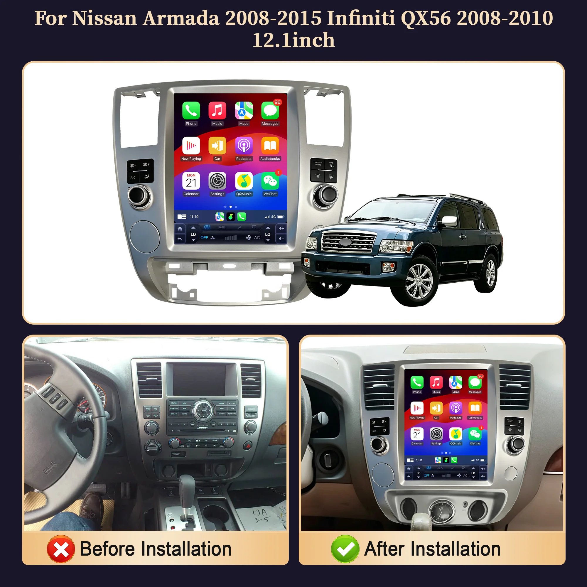 Фото 12,1-дюймовая автомобильная магнитола для Nissan Armada 2008-2015, Infiniti QX56 2008-2010, 4G, беспроводной Bluetooth, CarPlay №2
