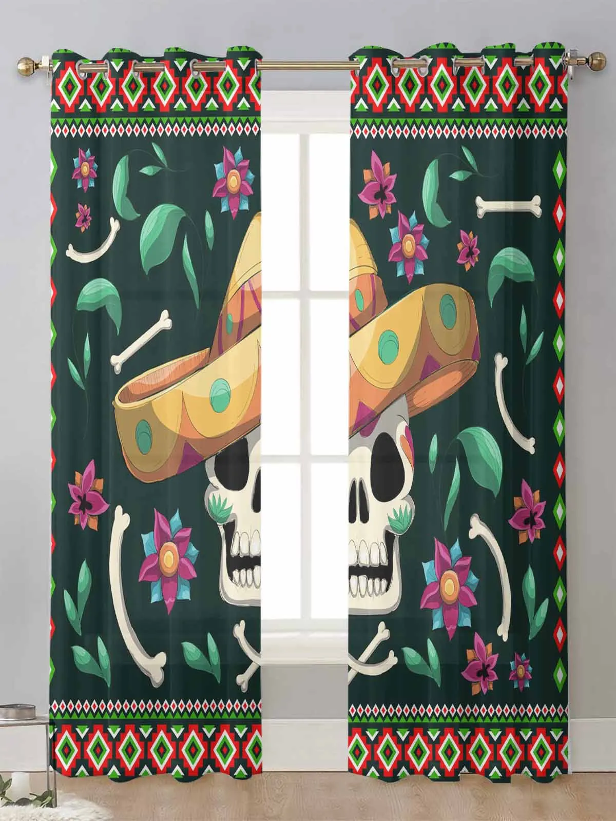 

Mexican Skull Straw Hat Flower Green Sheer Curtains For Living Room Window Voile Tulle Curtain Cortinas Drapes Home Decor