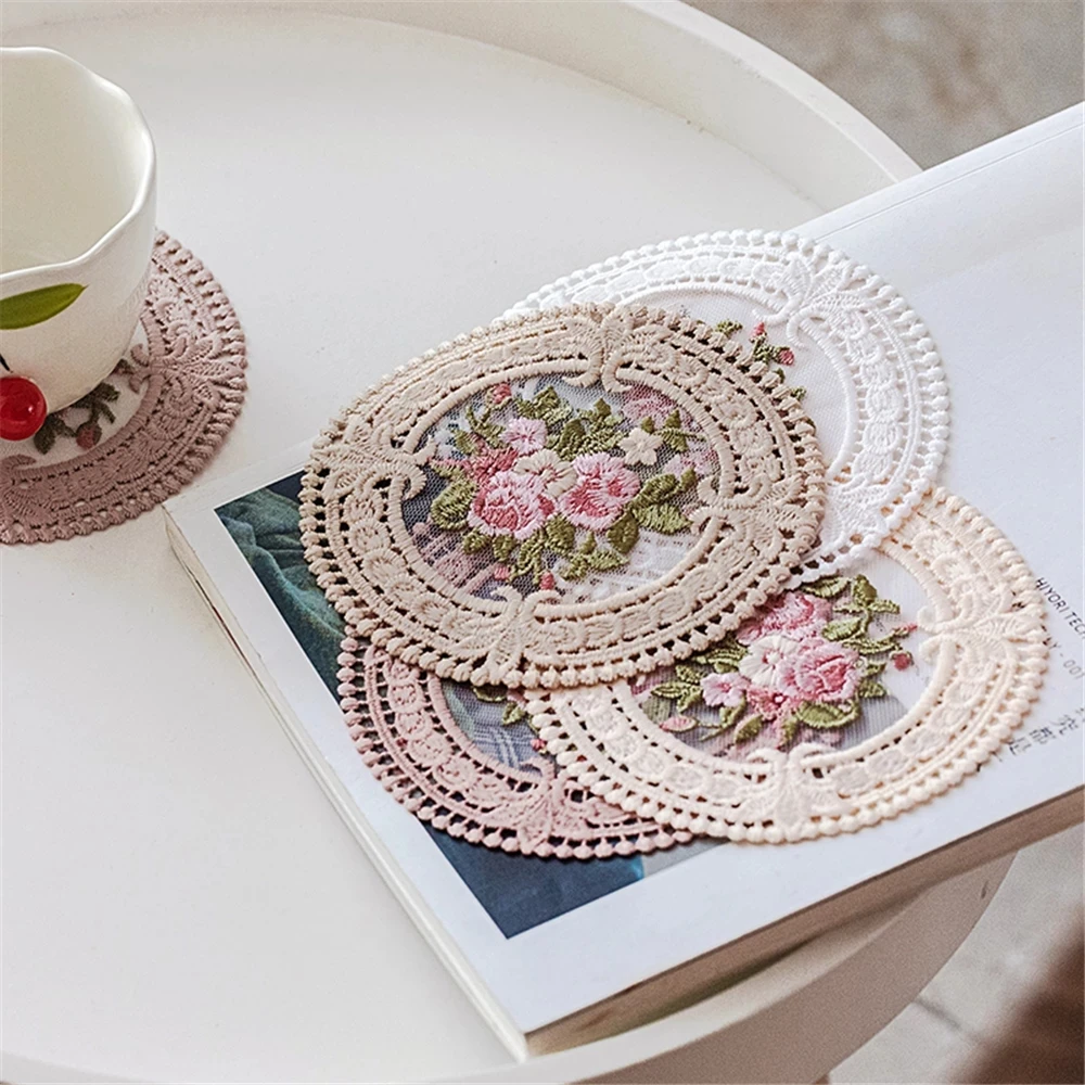 

12cm Vintage Lace Coaster Embroidery Craft Bowls Coffee Cups Coaster European Style Fabric Anti-scald Table Insulation Plate Mat