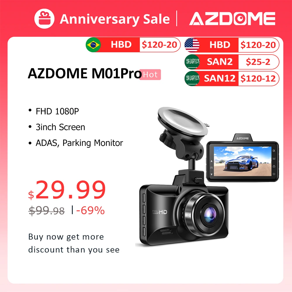 

AZDOME Car DVR M01 Pro Dash Cam 3" IPS Screen FHD 1080P Car Recorders ADAS Night Vision Car Recorder