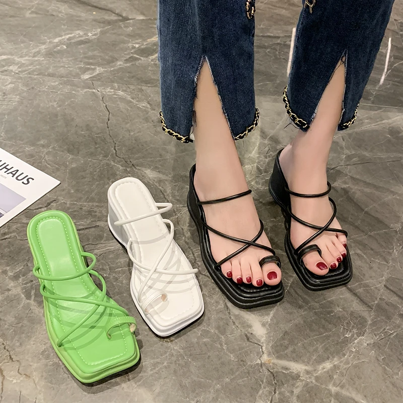 

2022 New Summer Women Slipper Summer Outdoor Narrow Band Sandal Shoes Ladies High Wedges Heel Slides Flip Flop Mujer