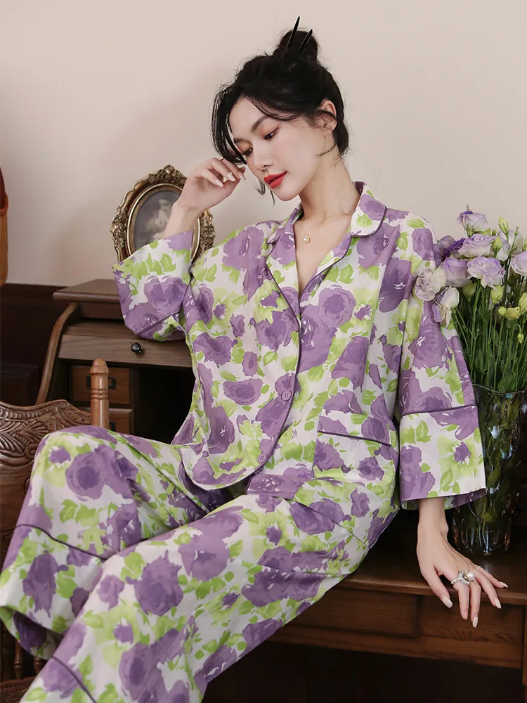 Pajama woman new breathable thin set fashion print loungewear pajamas for women perro ชุดนอนผ้าซาติน