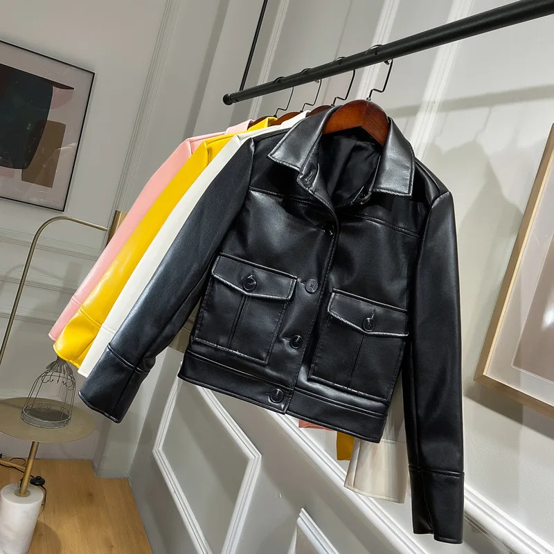 Винтажная Байкерская кожаная куртка Fitaylor короткая однобортная в стиле панк цвет