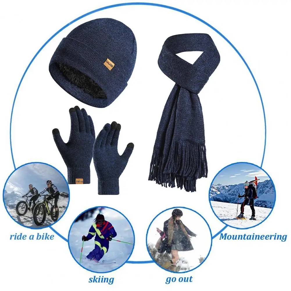 

Зимний комплект из шапки, зимняя шапка, шарф, перчатки, вязаная теплая ветрозащитная шапка унисекс для велоспорта на открытом воздухе с перчатками и кисточкой для сенсорного экрана