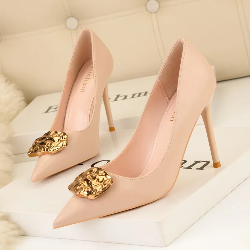 Stylish banquet heels women's shoes stiletto heel shallow pointed toe metal buckle embellished single shoes