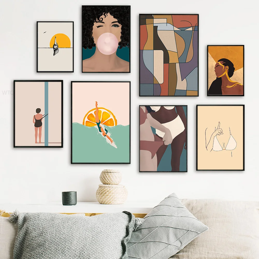 

Cartoon Girl Poster Modern Fashion Canvas Painting Beach Nordic Art Print Swimming Lemon Wall Picture For Living Room Home Decor