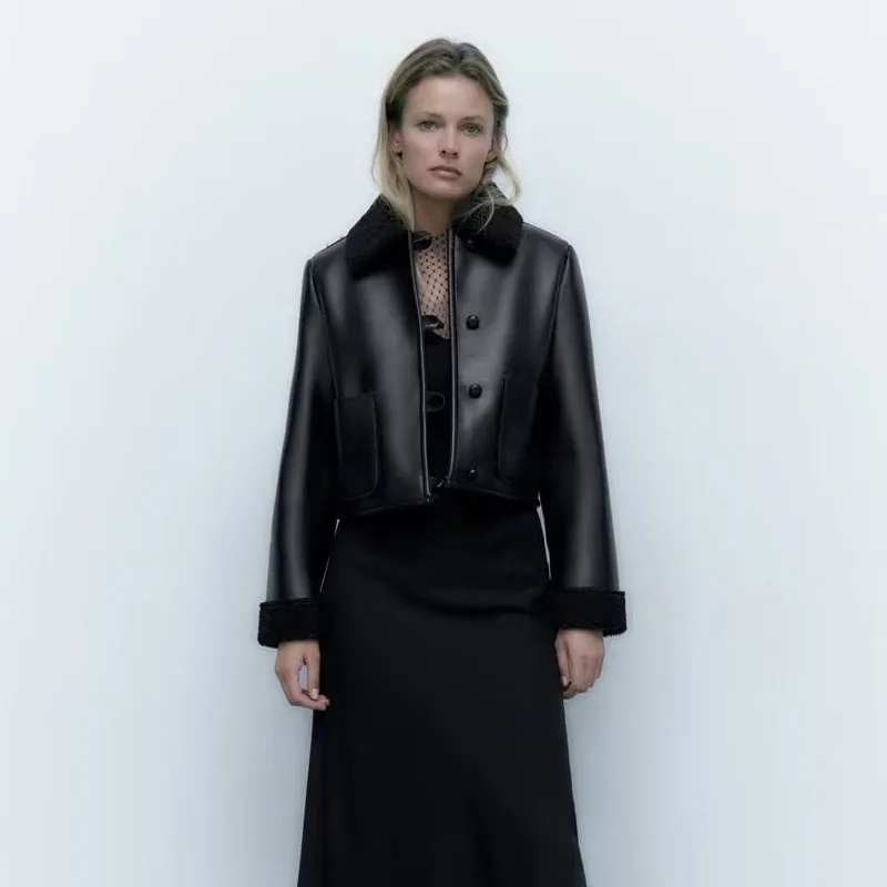 Casual Streetwear Faux Fur Splicing Black Leather Jacket Thick Warm Winter Office Ladies Coat Women New In Outwears Crop Tops