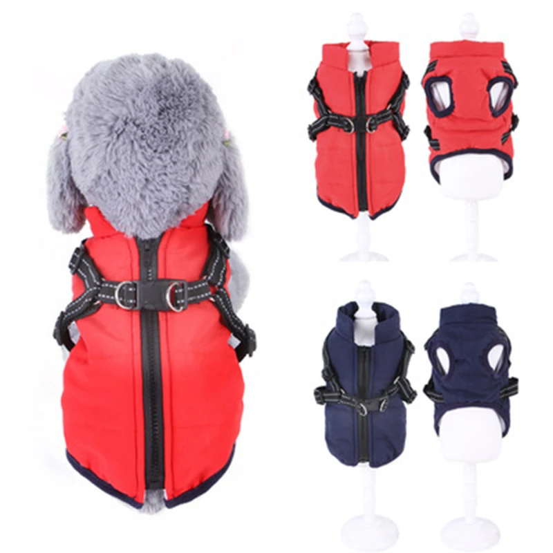 

Pet Clothes Winter Warm Jacket With Harness Puppy Outdoor Walk Adjustable Chest Strap Dog Cloth Vest Winter Clothing